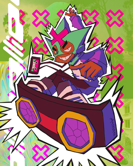 Illustration of Brawl Stars' Ollie with a very heavy white outline surrounding him and a very funky background consisting in a pattern of pink crosses splattered over a green-tinted collage of several urban pictures. 