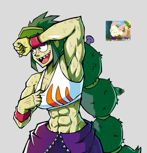 Illustration of Brawl Star's Alli, very ripped and sweating a lot after training. She's wearing a white sports bra with orange stripes, pink wrist bands and her regular purple jacket around her waist. She tries to wipe off the sweat from her forehead with one hand while slightly pulling away the neckline of her bra with the other to let a little bit of air on her chest. On the left top corner of the picture, there's a small screenshot of Ferb from Phineas & Ferb, looking very muscled up and with a caption that says "Viva Cristo rey" (Spanish for "Praise Christ King"), which is a common meme in Spanish-speaking communities to be used in conjunction of pictures of characters or people with very defined muscles