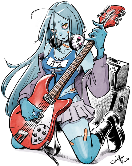 An illustration of a zombie girl playing an electric guitar.