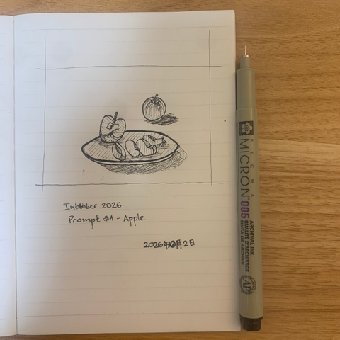 Drawing of a plate with apple sliced inside it. Outside of the plate there is a non-sliced apple. 
The drawing was made very quick just to not lose the chance and not overthink. 
It was made using a Micron pen, that uses ink, and no erased draft was performed, so some thin draft lines remain in the paper. I used hachures through the drawing to represent brightness and shadow.