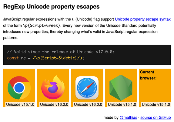 "RegExp Unicode property escapes" section of "Can I Unicode‽"
https://mathiasbynens.github.io/caniunicode/