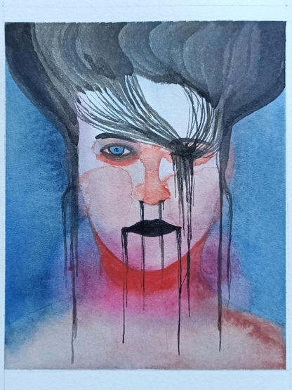 Dessin d'un personnage dont les cheveux rentrent dans son oeil gauche et sortent de sa bouche, son nez et ses oreilles