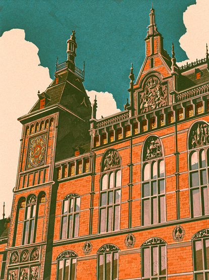 Illustration of part of the front facade of Amsterdam Centraal station.  There's a tower on the left of it with an ornate clock and the full front of the building has several tall, narrow windows and lots of tile and relief detail work.