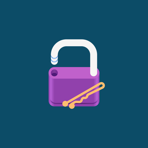 An unlocked purple padlock on a teal background with a light gold hairpin sitting diagonally in front of it.