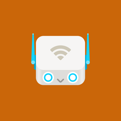 A rounded rectangular wifi router with two blue antennas sticking out from the sides. the top has a Wi-Fi symbol, the from a "O v O" face.