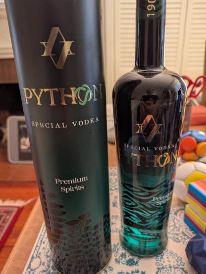 A bottle of "Python" branded vodka.