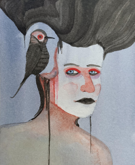 Dessin d'une tête qui se fait, on dirait, grignoté par un oiseau