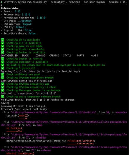 Start of release logs after running the command. A bunch of green checks pass, then a traceback begins.
