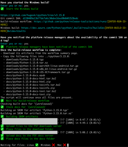 Release logs showing GHA artifacts have been downloaded, SBOMs generated and uploaded. Now:
Waiting for files: Linux ✅  Windows ❌  Mac ❌