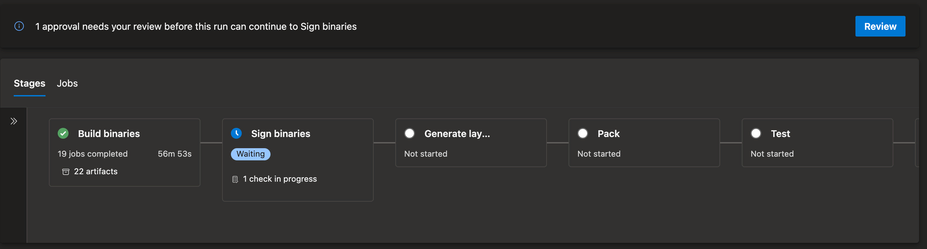 Azure Pipelines: "1 approval needs your review before this run can continue to Sign binaries" and a "Review" button.