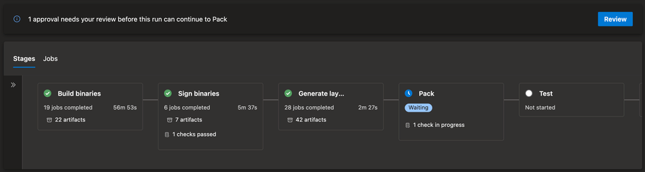 Azure Pipelines: "1 approval needs your review before this run can continue to Pack" and a "Review" button.