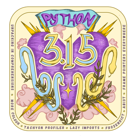 Python 3.15 logo: a purple heart with "3.15" in blue and yellow, flanked by a blue and a yellow snake, with lightning bolts, pink clouds and laurel branches, framed by the release's headline features.