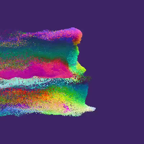 Colorful particle system that emanates from a walking human model.