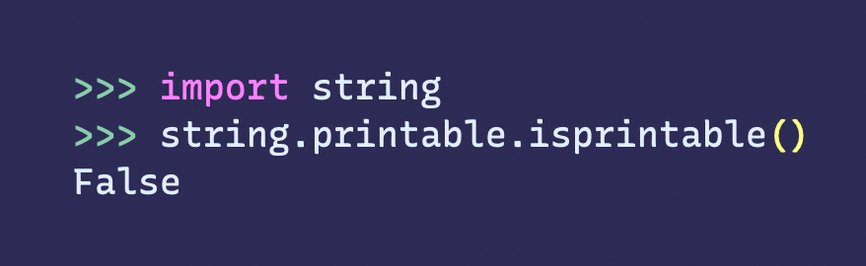 >>> import string
>>> string.printable.isprintable()
False