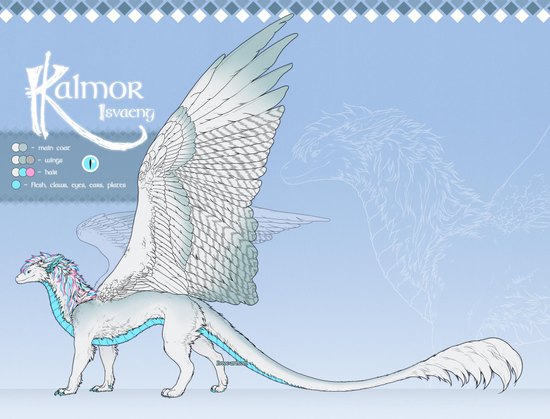 Character reference of a white feral fluffy dragoness, with blue belly, crystal horns and feathered wings.